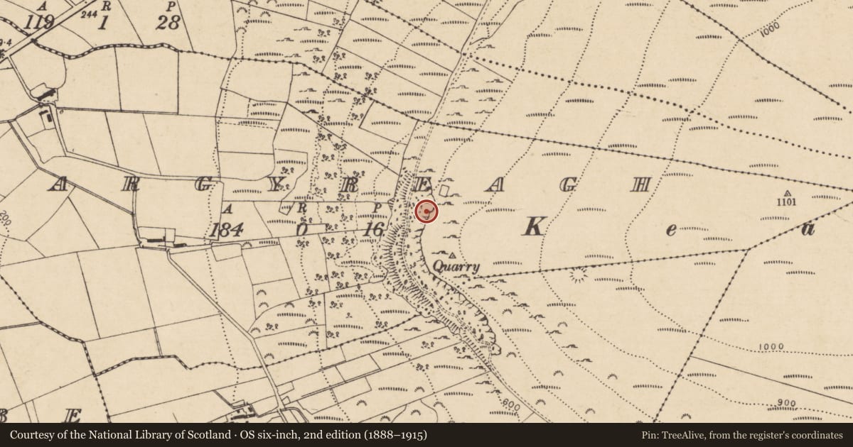 Ordnance Survey six-inch map, 2nd edition (1888–1915) covering the location of Keady Quarries, Largyreagh, Causeway Coast and Glens, with a pin at the register's coordinates