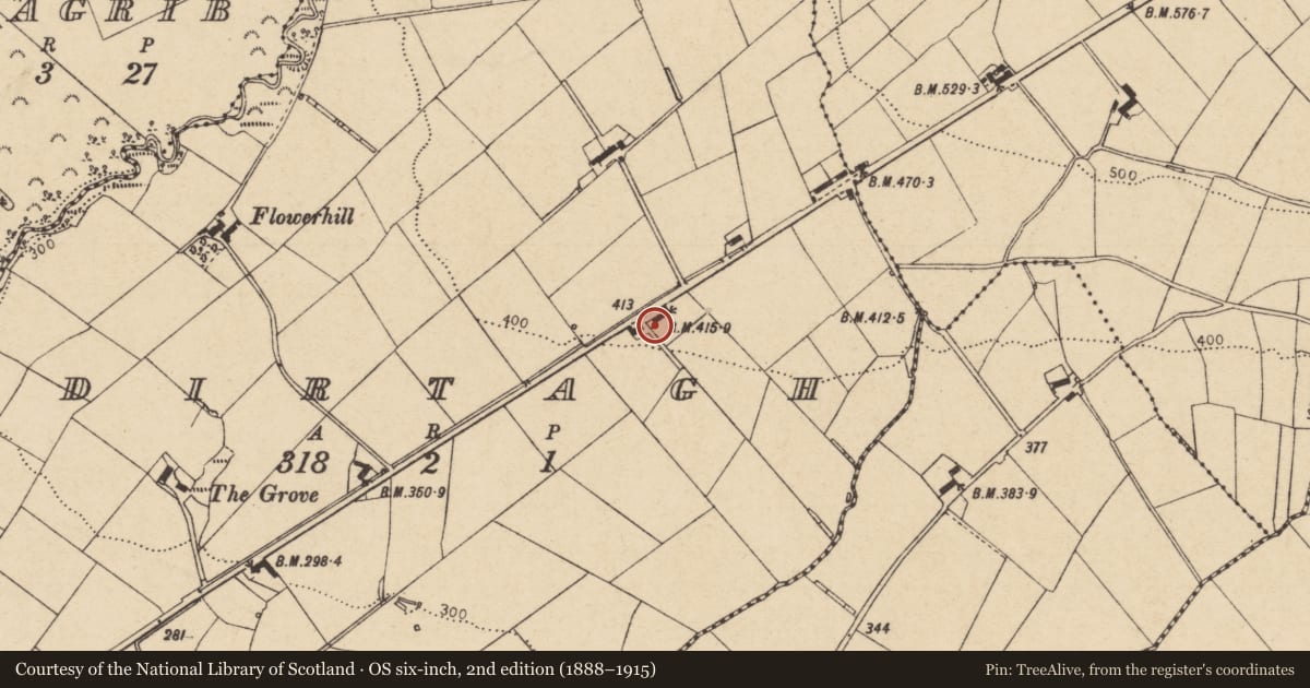 Ordnance Survey six-inch map, 2nd edition (1888–1915) covering the location of 121 Windyhill Road, Dirtagh, Causeway Coast and Glens, with a pin at the register's coordinates