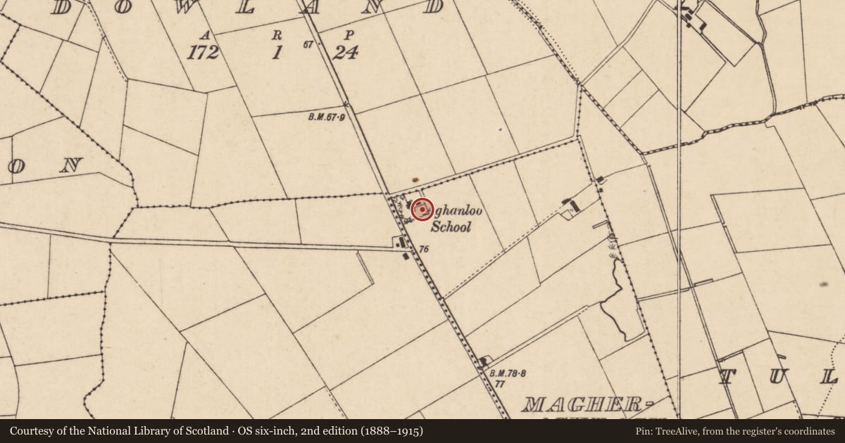 Ordnance Survey six-inch map, 2nd edition (1888–1915) covering the location of Artikelly Community Centre, Causeway Coast and Glens, with a pin at the register's coordinates