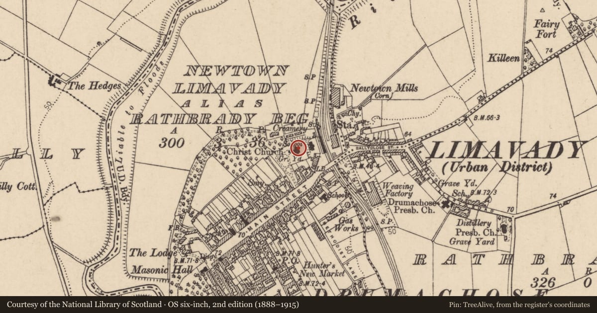 Ordnance Survey six-inch map, 2nd edition (1888–1915) covering the location of Christ Church, Newtown Limavady, Causeway Coast and Glens, with a pin at the register's coordinates