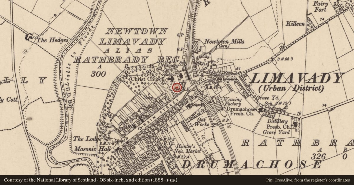 Ordnance Survey six-inch map, 2nd edition (1888–1915) covering the location of 86 Main Street, Newtown Limavady, Causeway Coast and Glens, with a pin at the register's coordinates