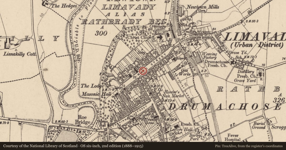 Ordnance Survey six-inch map, 2nd edition (1888–1915) covering the location of The Alexander Arms Hotel, Newtown Limavady, Causeway Coast and Glens, with a pin at the register's coordinates