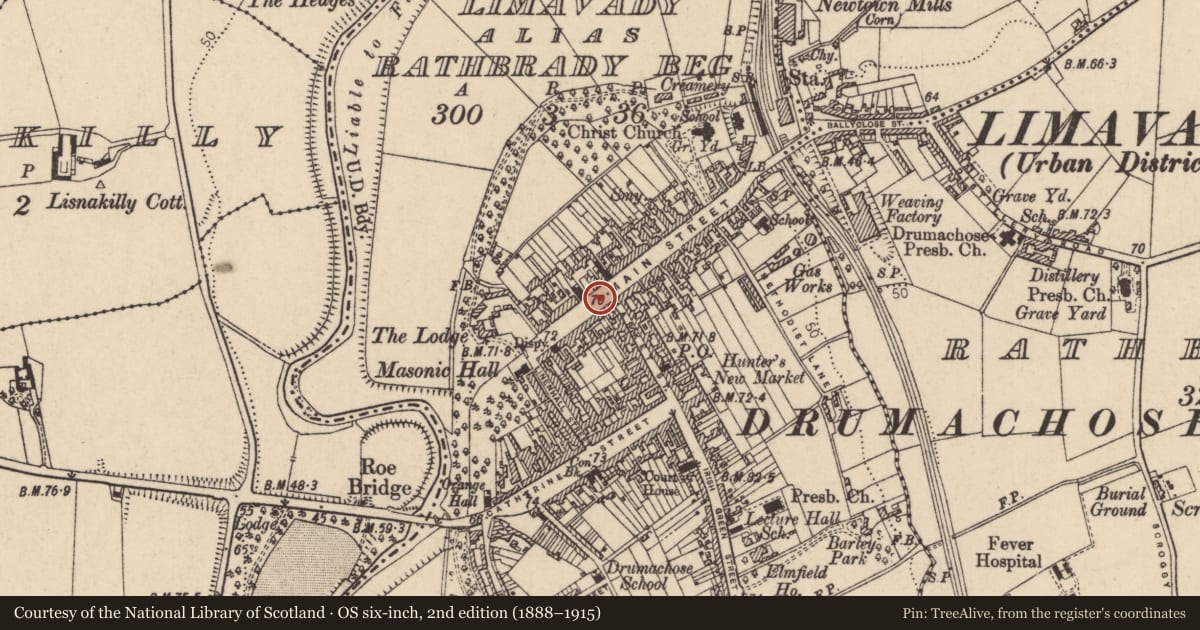 Ordnance Survey six-inch map, 2nd edition (1888–1915) covering the location of Town Hall (Alexander Memorial Hall), Newtown Limavady, Causeway Coast and Glens, with a pin at the register's coordinates