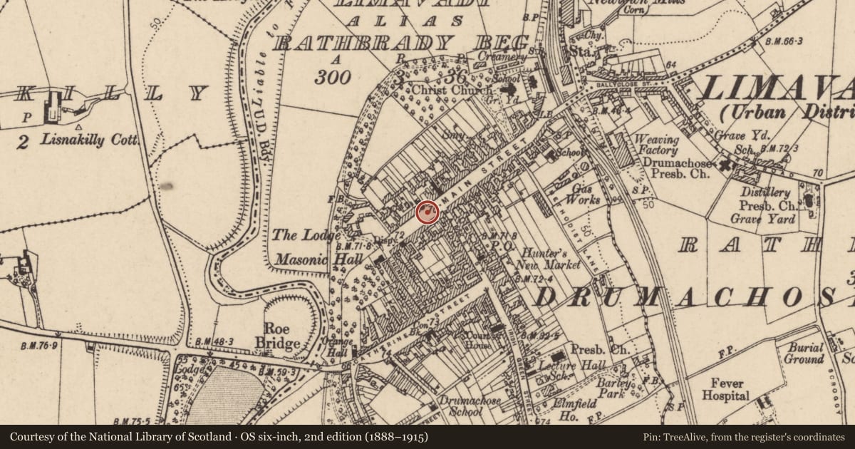 Ordnance Survey six-inch map, 2nd edition (1888–1915) covering the location of 18 Main Street, Newtown Limavady, Causeway Coast and Glens, with a pin at the register's coordinates