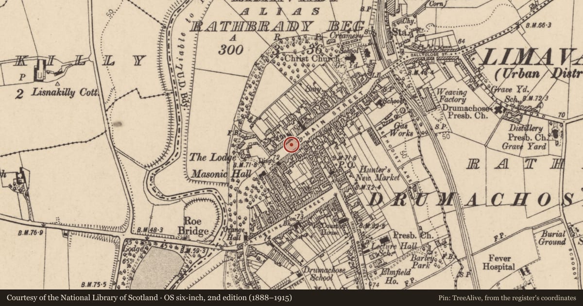 Ordnance Survey six-inch map, 2nd edition (1888–1915) covering the location of 14 Main Street, Newtown Limavady, Causeway Coast and Glens, with a pin at the register's coordinates