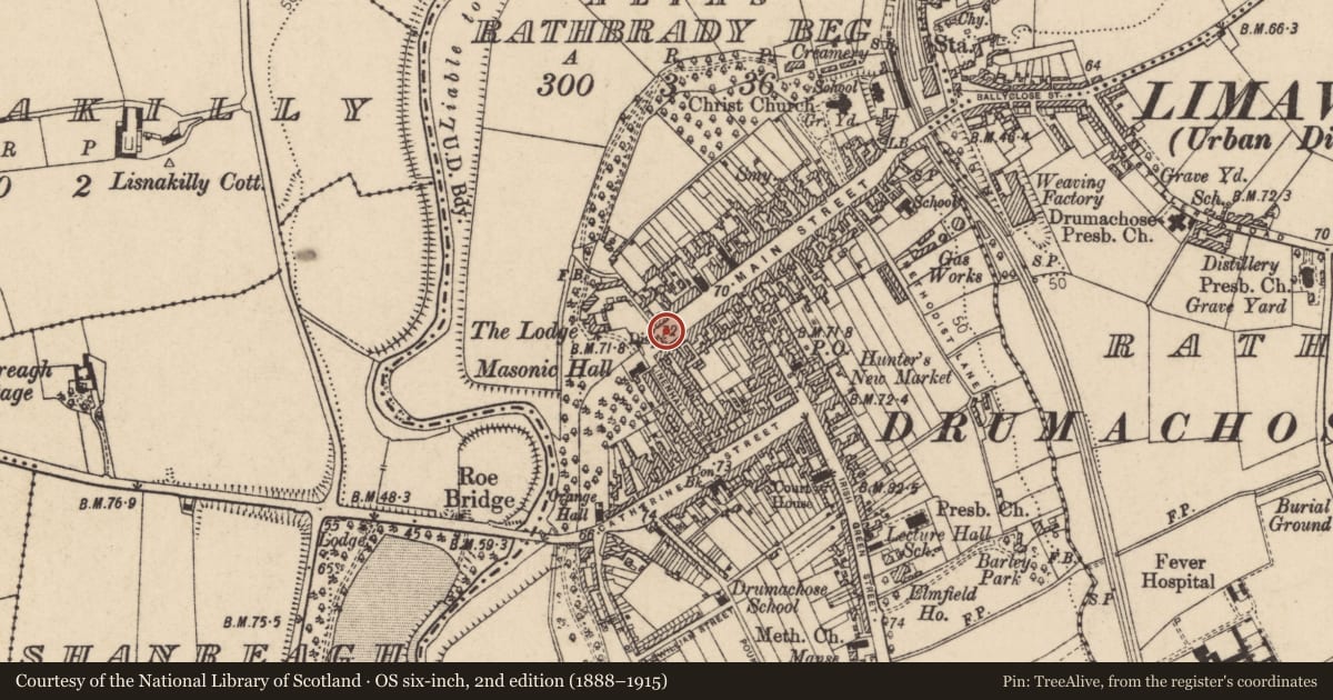 Ordnance Survey six-inch map, 2nd edition (1888–1915) covering the location of Court House, Newtown Limavady, Causeway Coast and Glens, with a pin at the register's coordinates