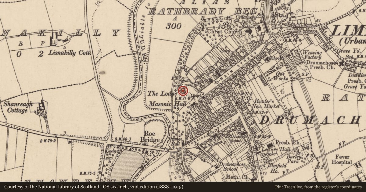 Ordnance Survey six-inch map, 2nd edition (1888–1915) covering the location of The Lodge, Newtown Limavady, Causeway Coast and Glens, with a pin at the register's coordinates