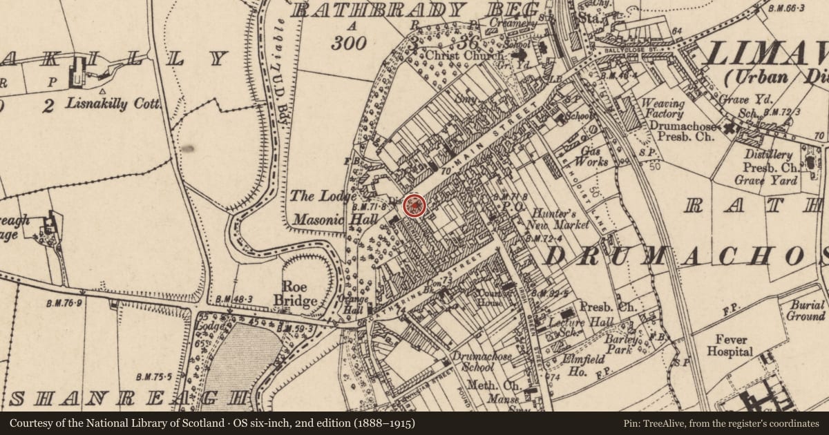 Ordnance Survey six-inch map, 2nd edition (1888–1915) covering the location of 7 Main Street, Newtown Limavady, Causeway Coast and Glens, with a pin at the register's coordinates
