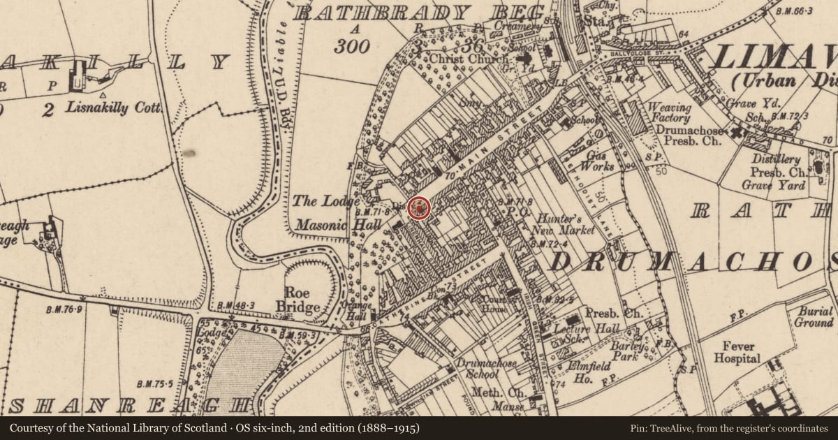 Ordnance Survey six-inch map, 2nd edition (1888–1915) covering the location of 9 Main Street, Newtown Limavady, Causeway Coast and Glens, with a pin at the register's coordinates