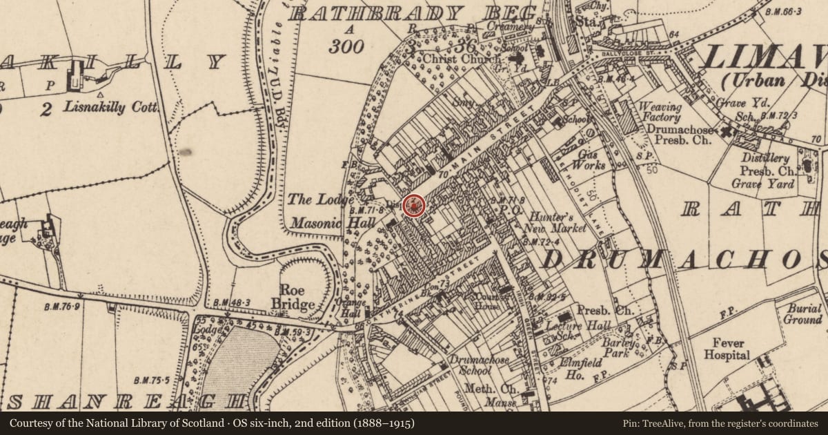 Ordnance Survey six-inch map, 2nd edition (1888–1915) covering the location of 11 Main Street, Newtown Limavady, Causeway Coast and Glens, with a pin at the register's coordinates