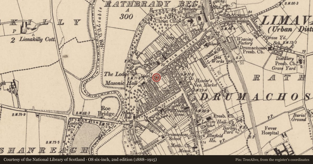 Ordnance Survey six-inch map, 2nd edition (1888–1915) covering the location of 13 Main Street, Newtown Limavady, Causeway Coast and Glens, with a pin at the register's coordinates