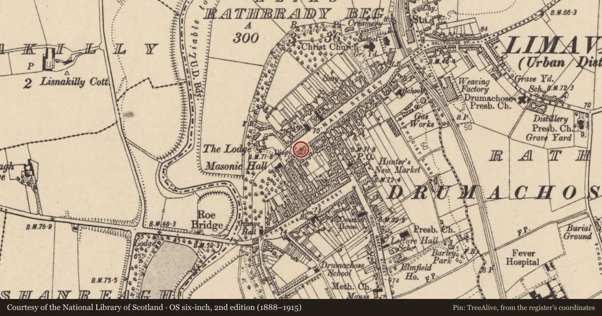 Ordnance Survey six-inch map, 2nd edition (1888–1915) covering the location of 15 Main Street, Newtown Limavady, Causeway Coast and Glens, with a pin at the register's coordinates