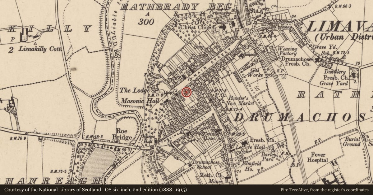 Ordnance Survey six-inch map, 2nd edition (1888–1915) covering the location of 17-19 Main Street, Newtown Limavady, Causeway Coast and Glens, with a pin at the register's coordinates
