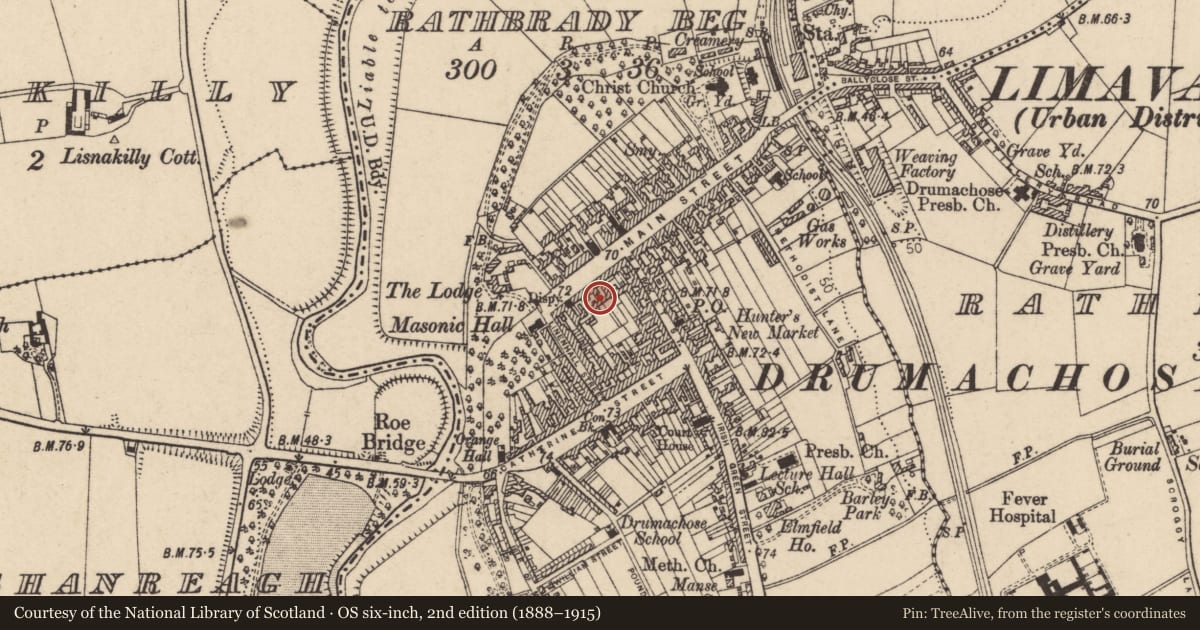 Ordnance Survey six-inch map, 2nd edition (1888–1915) covering the location of 17a Main Street, Newtown Limavady, Causeway Coast and Glens, with a pin at the register's coordinates