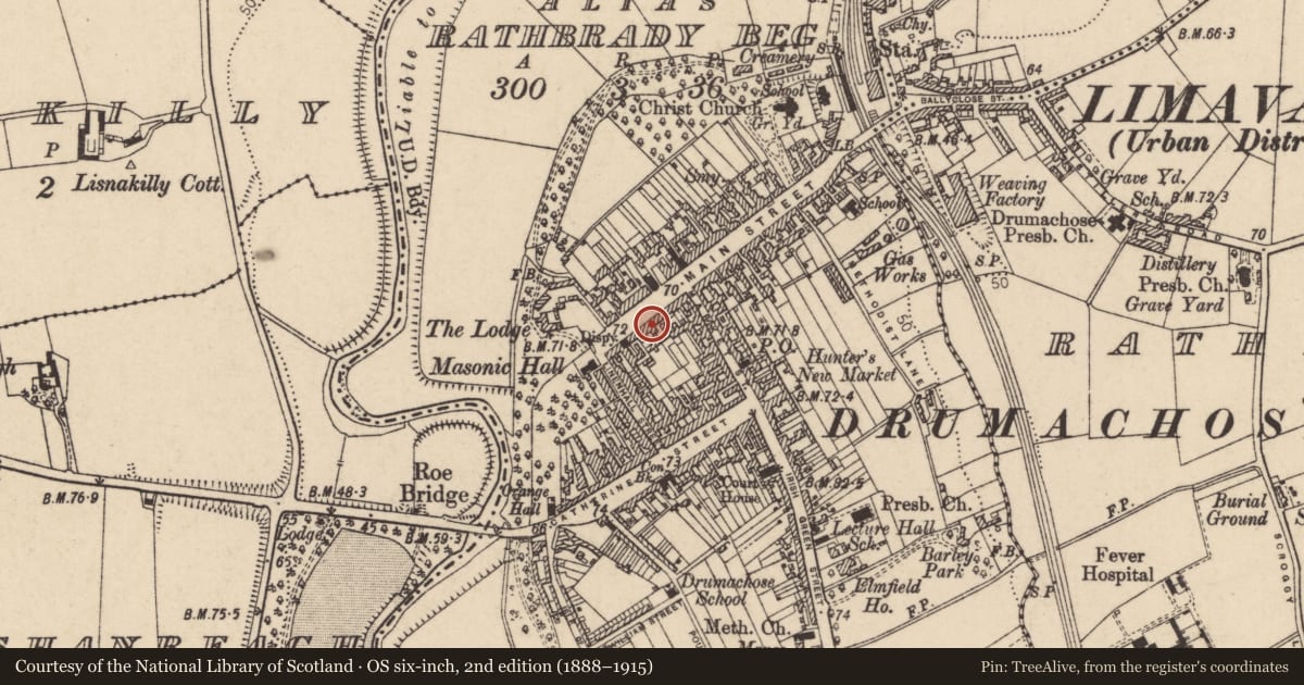 Ordnance Survey six-inch map, 2nd edition (1888–1915) covering the location of 21 Main Street, Newtown Limavady, Causeway Coast and Glens, with a pin at the register's coordinates