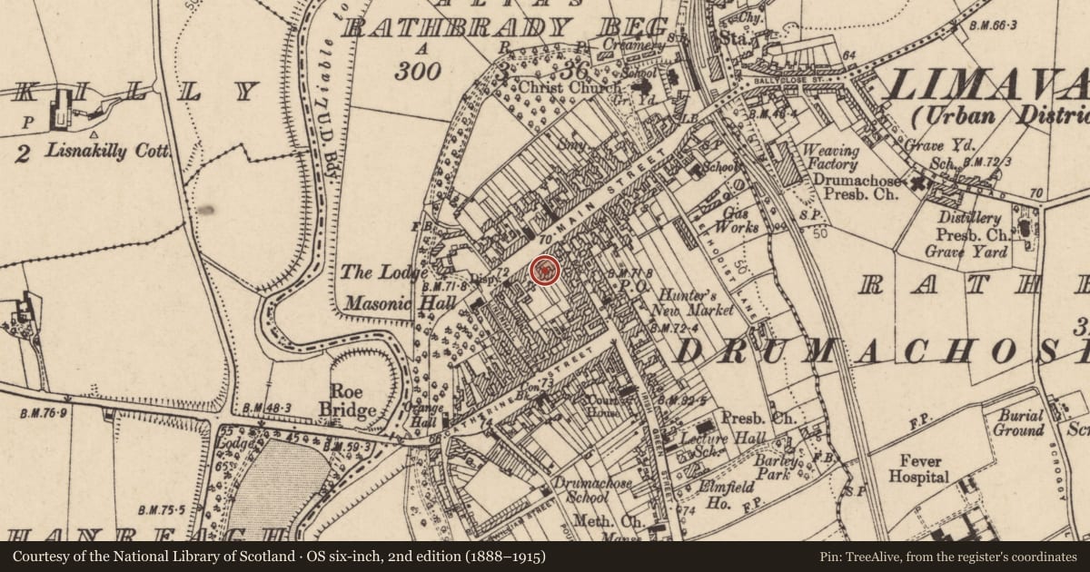 Ordnance Survey six-inch map, 2nd edition (1888–1915) covering the location of 23 Main Street, Newtown Limavady, Causeway Coast and Glens, with a pin at the register's coordinates
