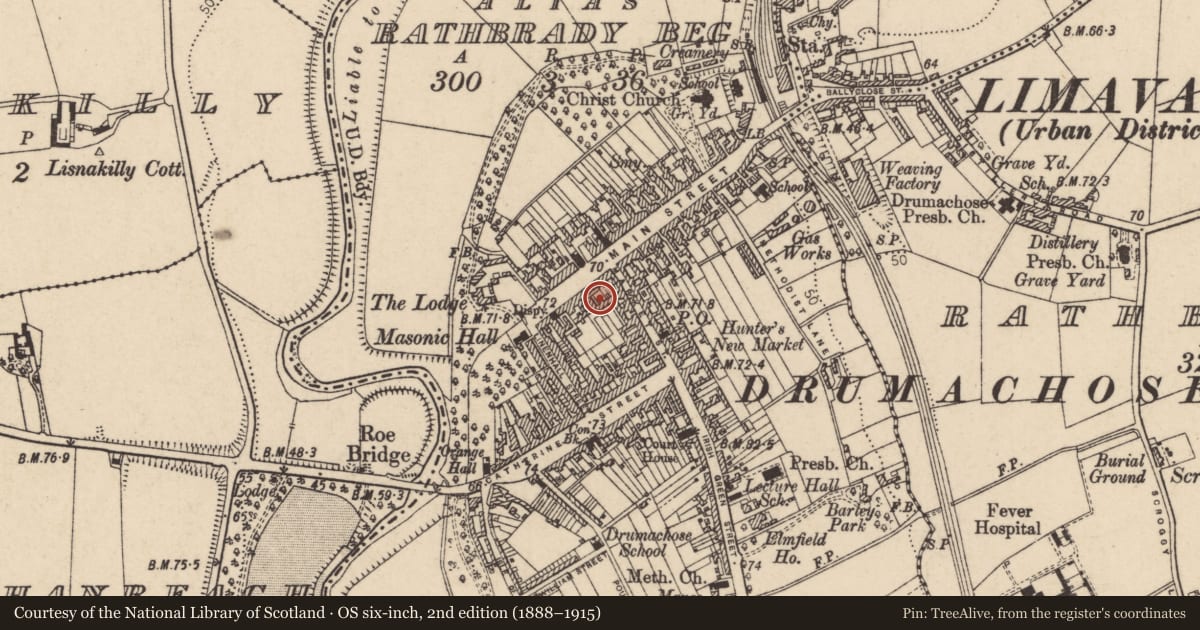 Ordnance Survey six-inch map, 2nd edition (1888–1915) covering the location of Roebuck Inn, Newtown Limavady, Causeway Coast and Glens, with a pin at the register's coordinates