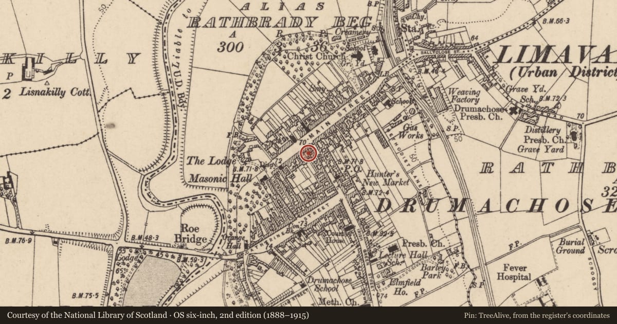 Ordnance Survey six-inch map, 2nd edition (1888–1915) covering the location of 29/31 Main Street, Newtown Limavady, Causeway Coast and Glens, with a pin at the register's coordinates
