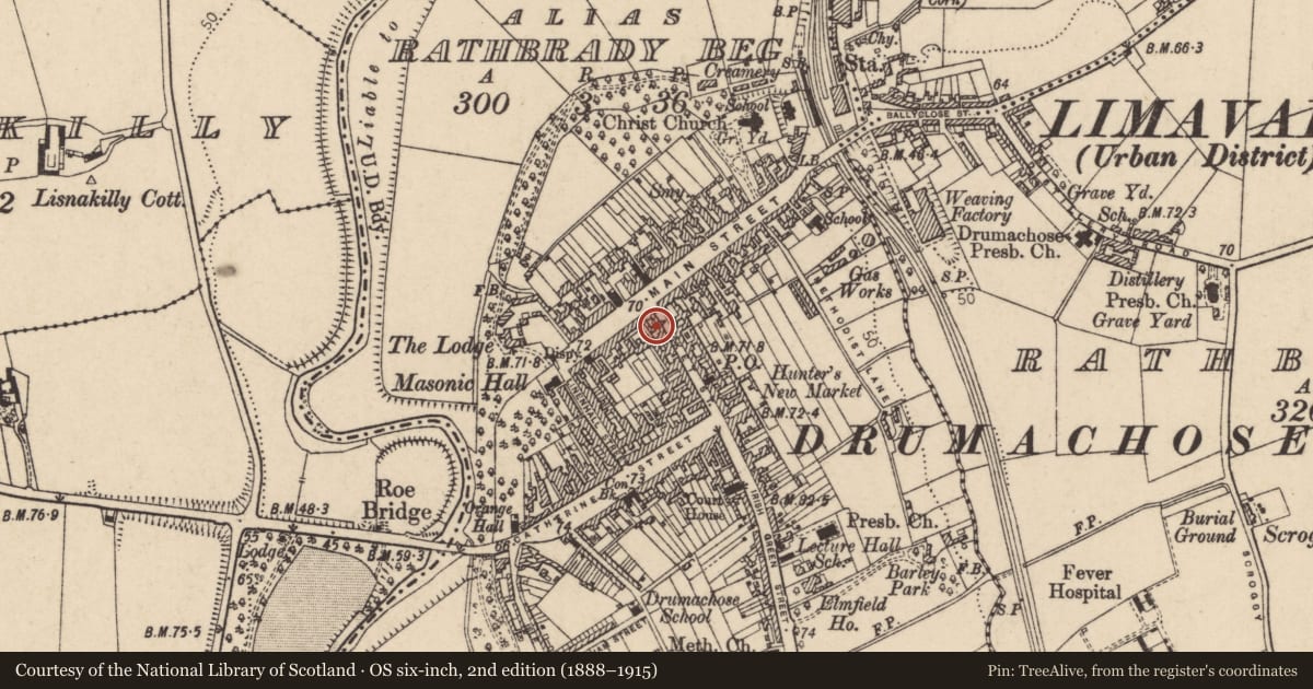 Ordnance Survey six-inch map, 2nd edition (1888–1915) covering the location of 33 Main Street, Newtown Limavady, Causeway Coast and Glens, with a pin at the register's coordinates