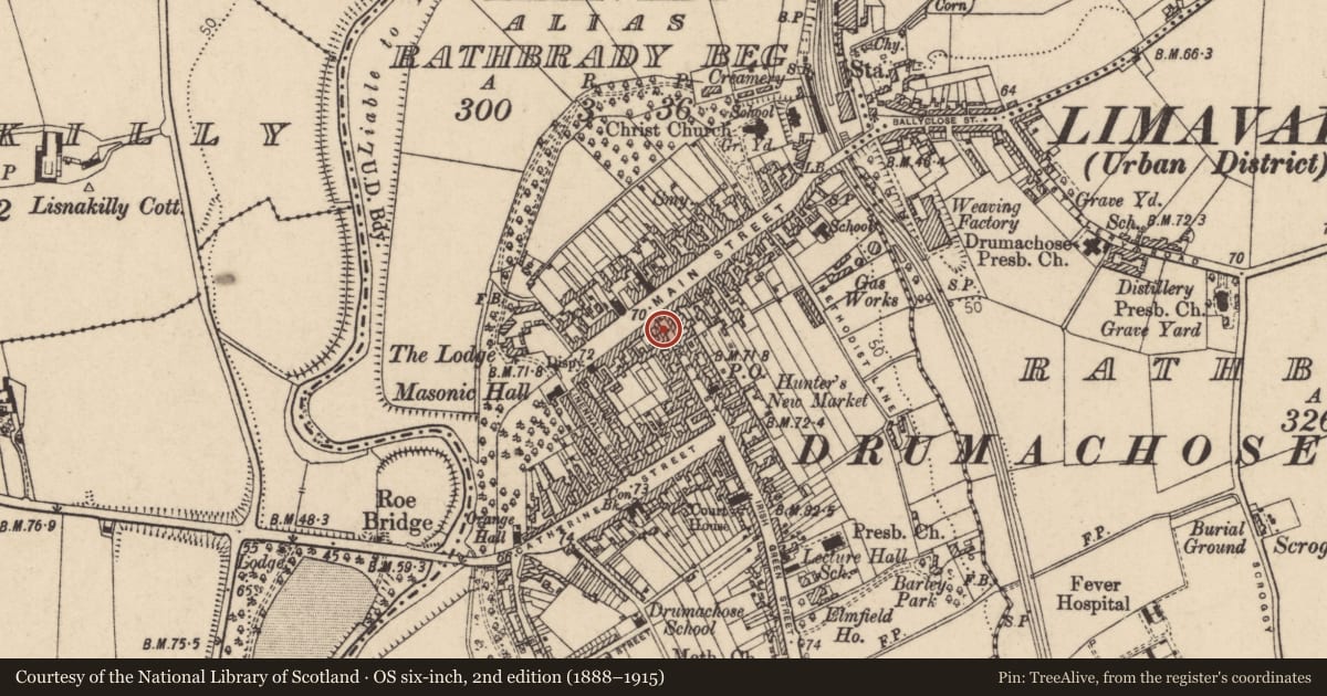 Ordnance Survey six-inch map, 2nd edition (1888–1915) covering the location of 35/37 Main Street, Newtown Limavady, Causeway Coast and Glens, with a pin at the register's coordinates