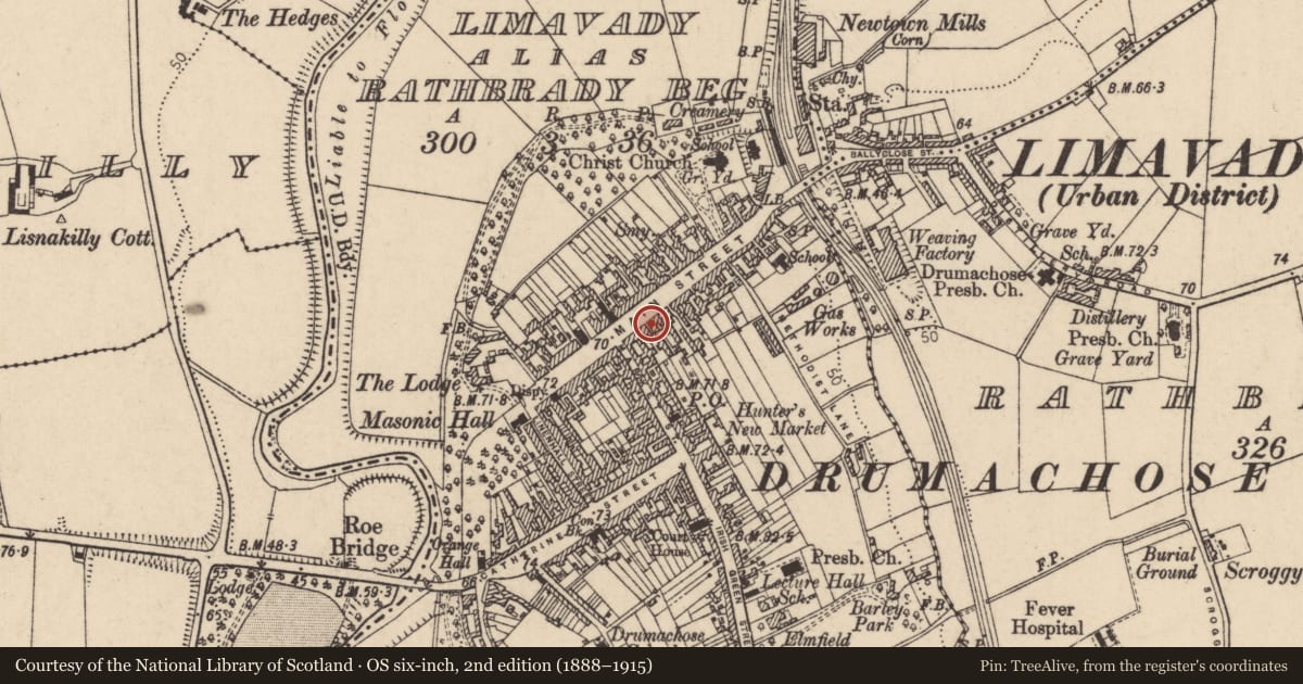 Ordnance Survey six-inch map, 2nd edition (1888–1915) covering the location of 51 Main Street, Newtown Limavady, Causeway Coast and Glens, with a pin at the register's coordinates