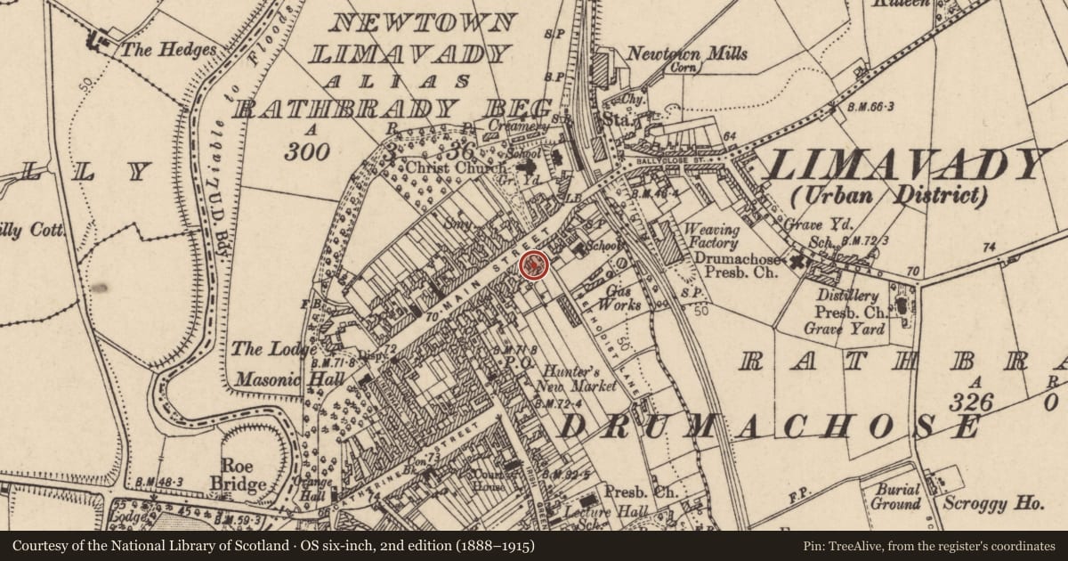 Ordnance Survey six-inch map, 2nd edition (1888–1915) covering the location of 81 Main Street, Newtown Limavady, Causeway Coast and Glens, with a pin at the register's coordinates