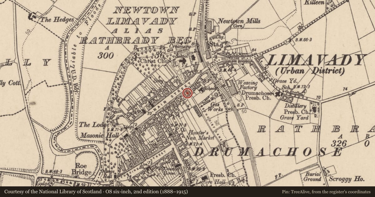 Ordnance Survey six-inch map, 2nd edition (1888–1915) covering the location of 83 Main Street, Newtown Limavady, Causeway Coast and Glens, with a pin at the register's coordinates
