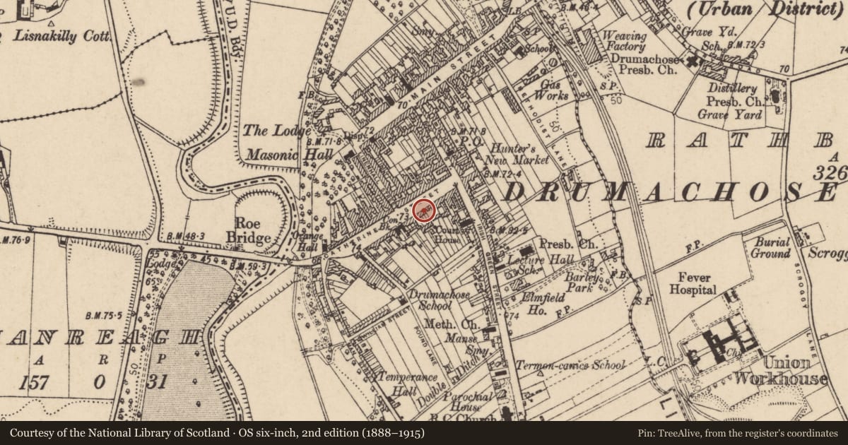 Ordnance Survey six-inch map, 2nd edition (1888–1915) covering the location of 30/32 Catherine Street, Newtown Limavady, Causeway Coast and Glens, with a pin at the register's coordinates