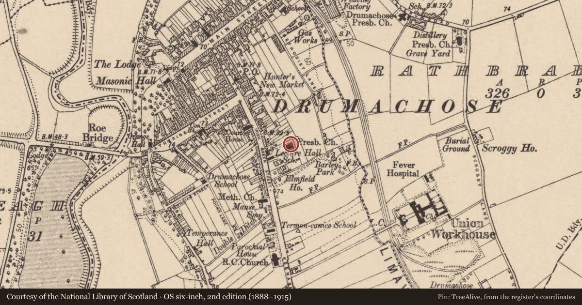 Ordnance Survey six-inch map, 2nd edition (1888–1915) covering the location of 2nd Presbyterian Church Limavady, Newtown Limavady, Causeway Coast and Glens, with a pin at the register's coordinates