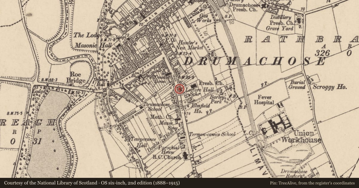 Ordnance Survey six-inch map, 2nd edition (1888–1915) covering the location of 53 Irish Green Street, Newtown Limavady, Causeway Coast and Glens, with a pin at the register's coordinates