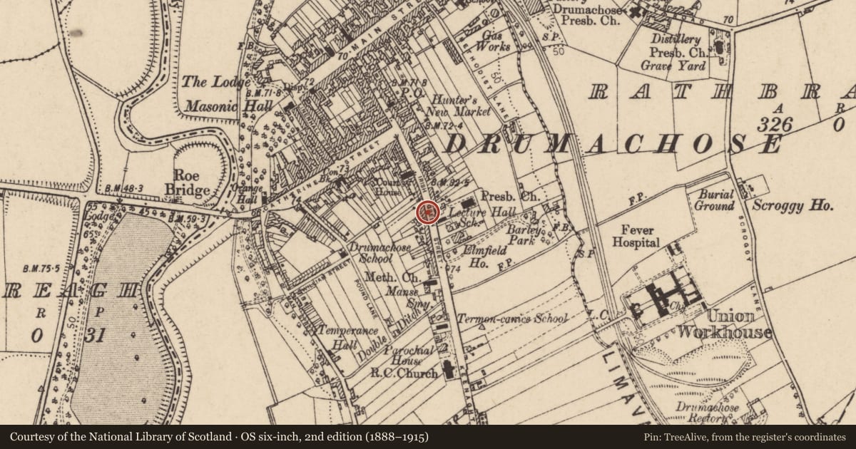 Ordnance Survey six-inch map, 2nd edition (1888–1915) covering the location of 57 Irish Green Street, Newtown Limavady, Causeway Coast and Glens, with a pin at the register's coordinates