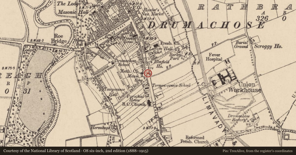 Ordnance Survey six-inch map, 2nd edition (1888–1915) covering the location of Methodist Church, Newtown Limavady, Causeway Coast and Glens, with a pin at the register's coordinates