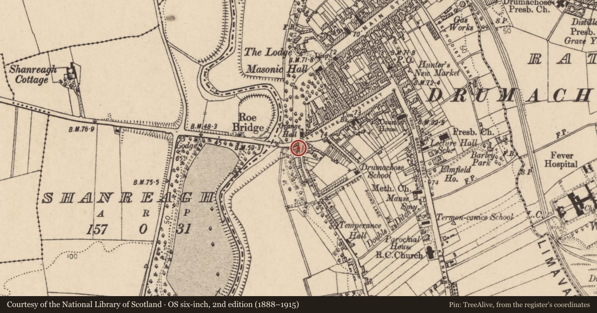 Ordnance Survey six-inch map, 2nd edition (1888–1915) covering the location of Springhill House, Newtown Limavady, Causeway Coast and Glens, with a pin at the register's coordinates