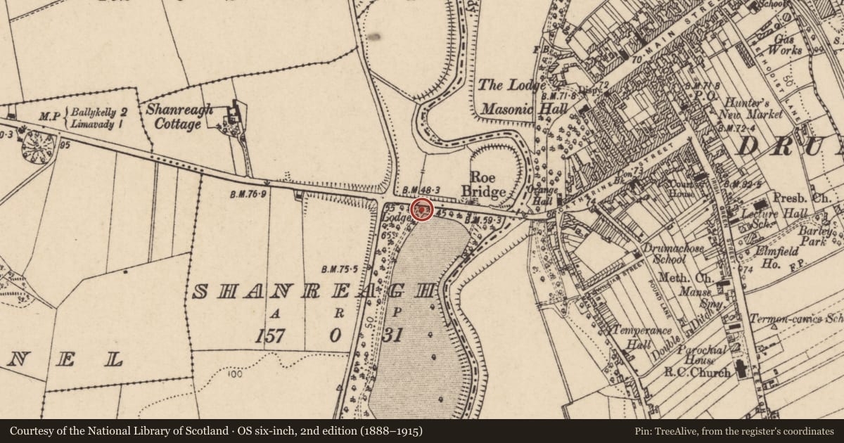 Ordnance Survey six-inch map, 2nd edition (1888–1915) covering the location of Gate Lodge, Shanreagh, Causeway Coast and Glens, with a pin at the register's coordinates