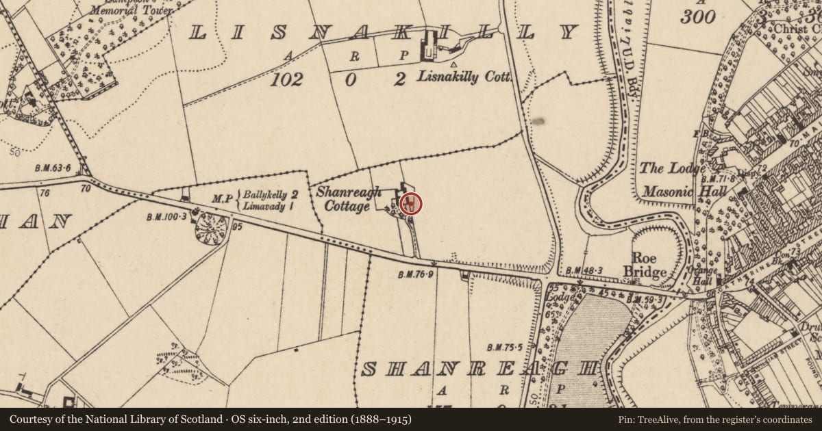 Ordnance Survey six-inch map, 2nd edition (1888–1915) covering the location of Shanreagh Cottage, Causeway Coast and Glens, with a pin at the register's coordinates