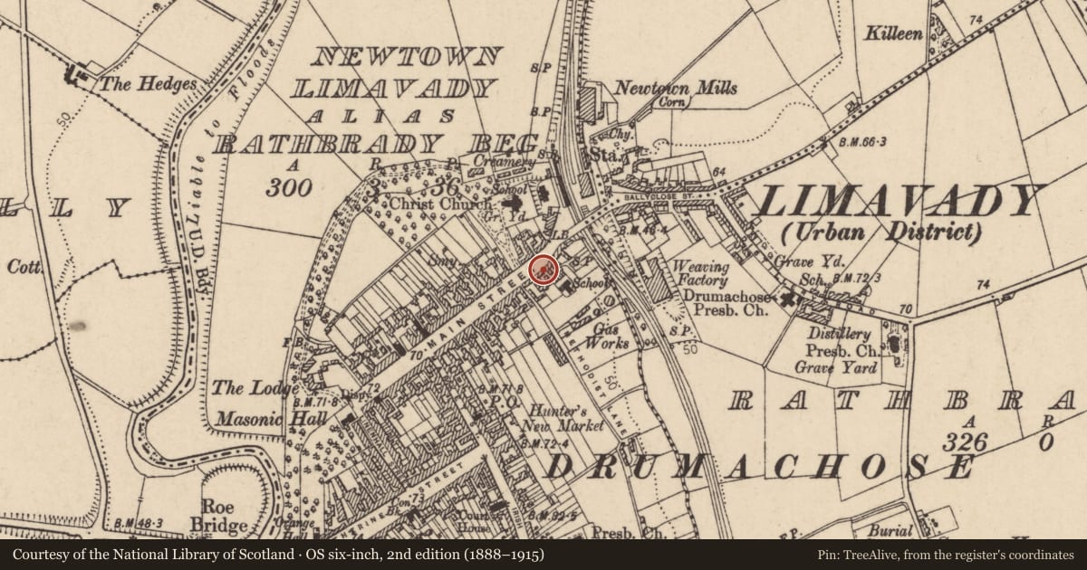 Ordnance Survey six-inch map, 2nd edition (1888–1915) covering the location of Post Office, Newtown Limavady, Causeway Coast and Glens, with a pin at the register's coordinates