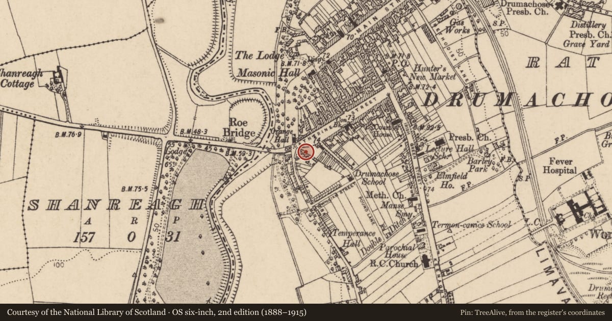 Ordnance Survey six-inch map, 2nd edition (1888–1915) covering the location of War Memorial, Newtown Limavady, Causeway Coast and Glens, with a pin at the register's coordinates