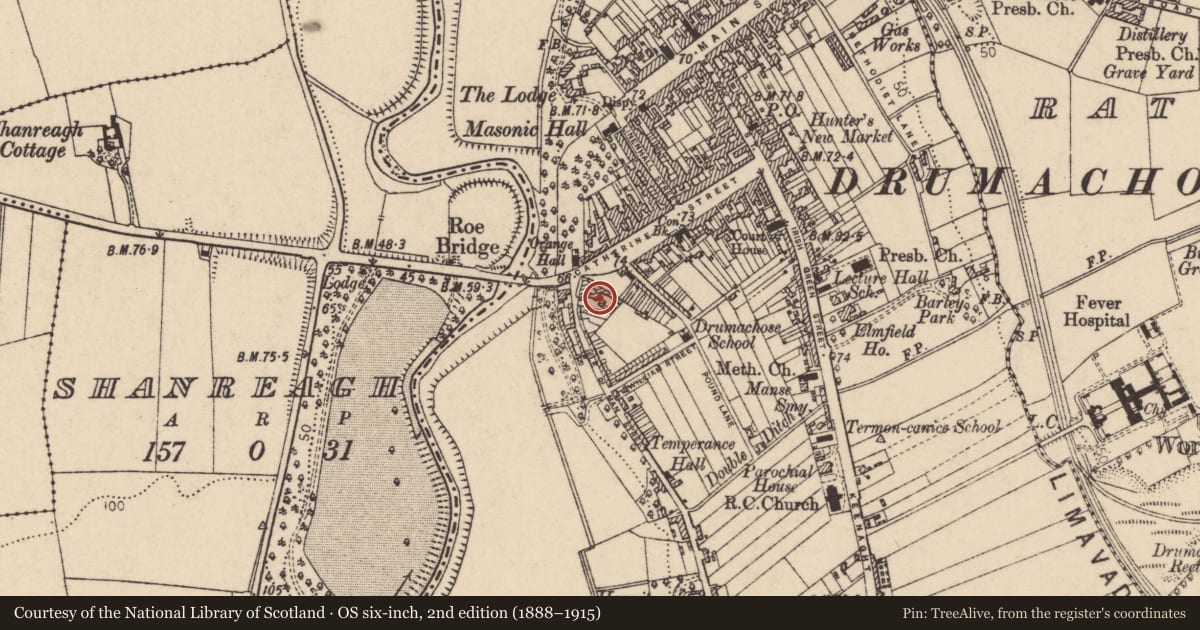 Ordnance Survey six-inch map, 2nd edition (1888–1915) covering the location of War Memorial Building, Newtown Limavady, Causeway Coast and Glens, with a pin at the register's coordinates