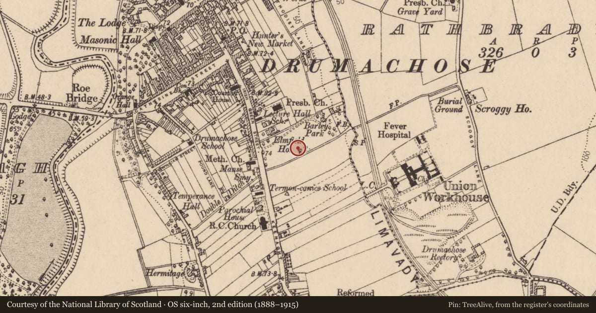 Ordnance Survey six-inch map, 2nd edition (1888–1915) covering the location of Limavady High School, Newtown Limavady, Causeway Coast and Glens, with a pin at the register's coordinates