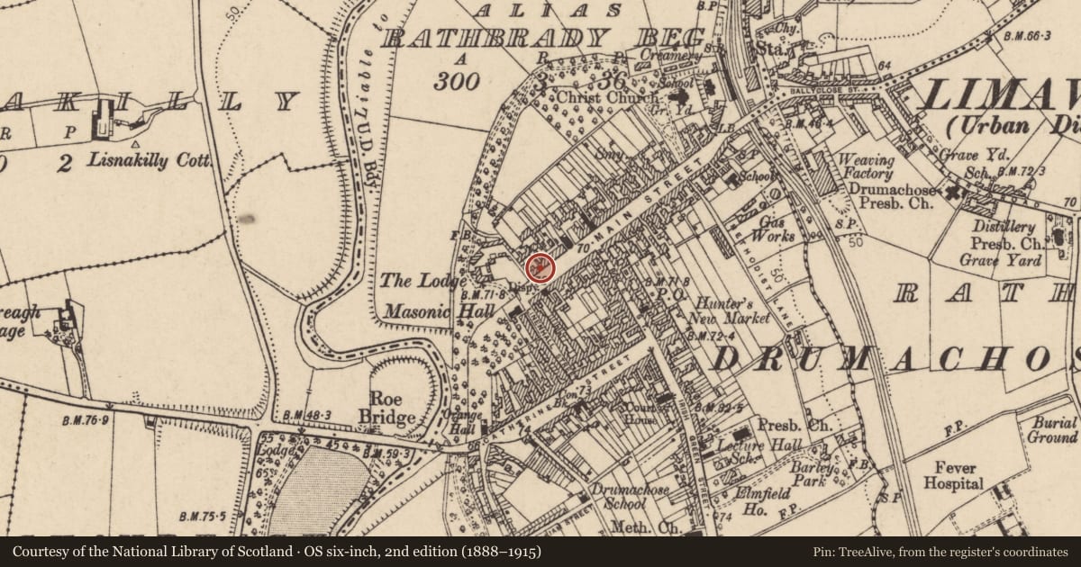 Ordnance Survey six-inch map, 2nd edition (1888–1915) covering the location of 6/8 Main Street, Newtown Limavady, Causeway Coast and Glens, with a pin at the register's coordinates