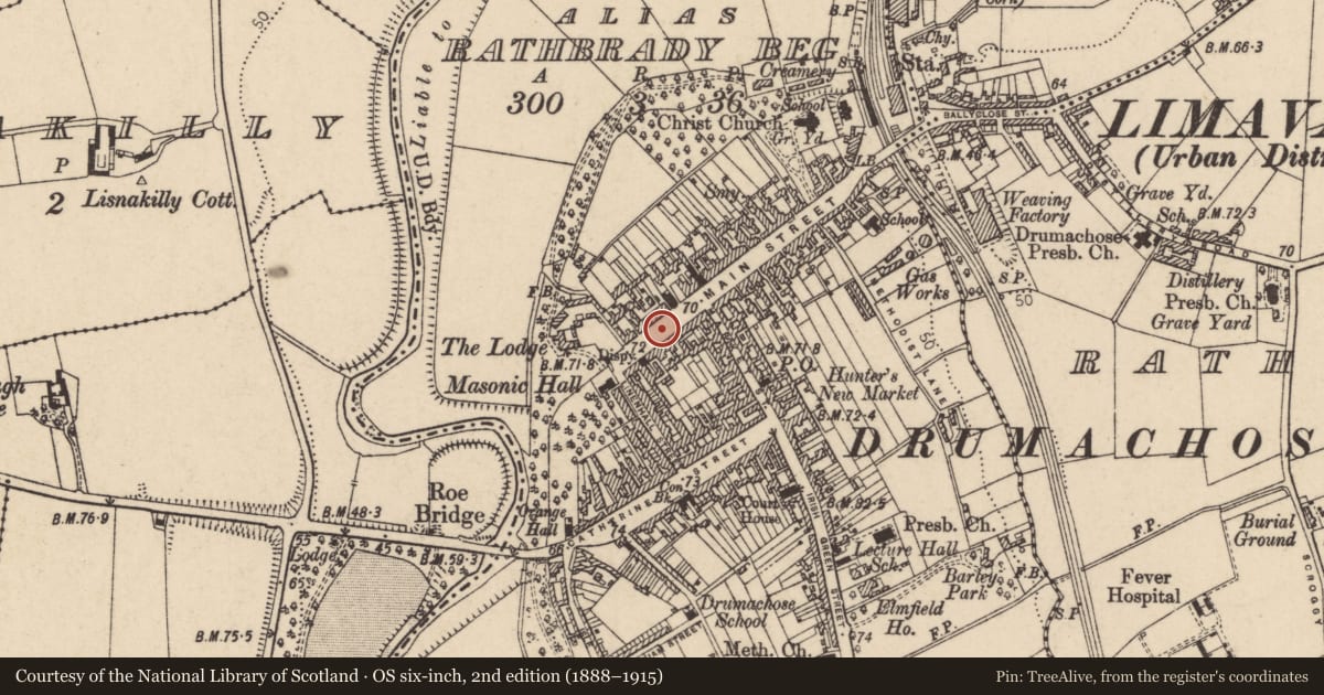 Ordnance Survey six-inch map, 2nd edition (1888–1915) covering the location of 10-12 Main Street, Newtown Limavady, Causeway Coast and Glens, with a pin at the register's coordinates