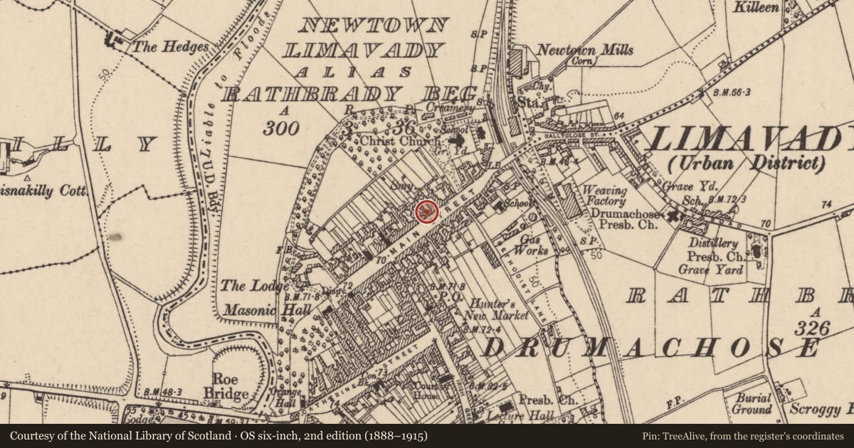Ordnance Survey six-inch map, 2nd edition (1888–1915) covering the location of Owens Public House, Newtown Limavady, Causeway Coast and Glens, with a pin at the register's coordinates