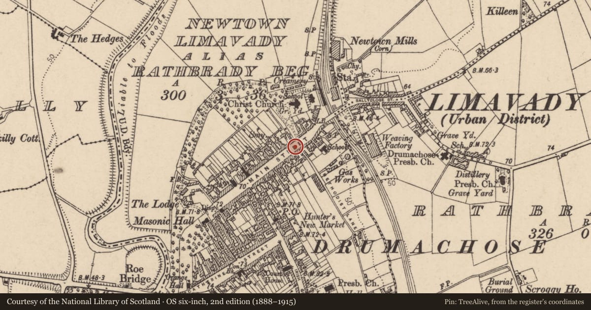 Ordnance Survey six-inch map, 2nd edition (1888–1915) covering the location of 70 Main Street, Newtown Limavady, Causeway Coast and Glens, with a pin at the register's coordinates