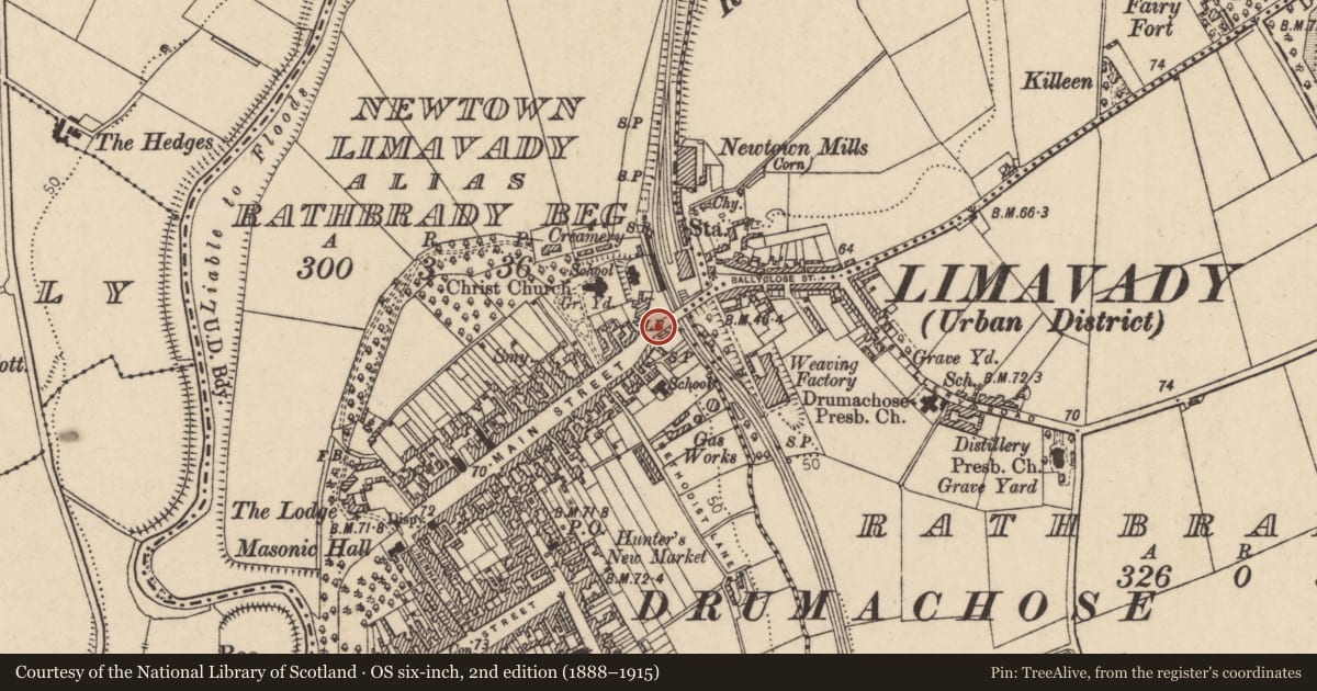 Ordnance Survey six-inch map, 2nd edition (1888–1915) covering the location of 90/92 Main Street, Newtown Limavady, Causeway Coast and Glens, with a pin at the register's coordinates