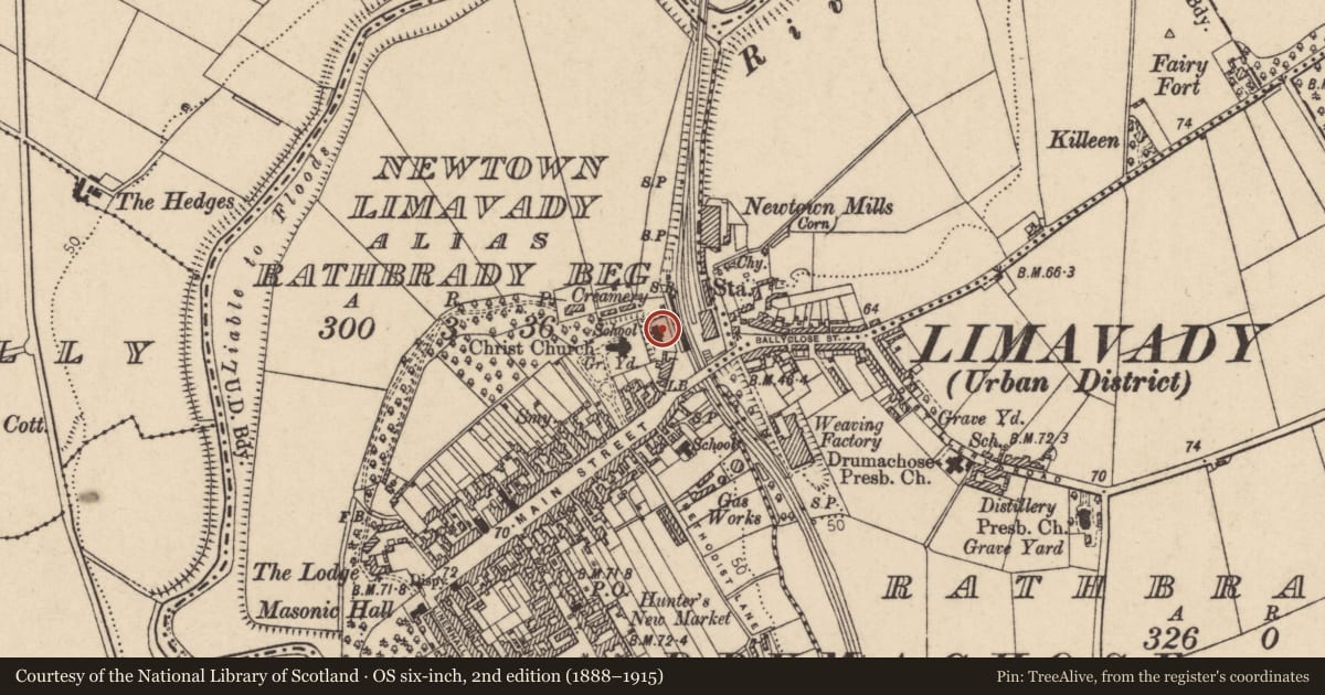 Ordnance Survey six-inch map, 2nd edition (1888–1915) covering the location of The Olgiby Trust National School, Newtown Limavady, Causeway Coast and Glens, with a pin at the register's coordinates