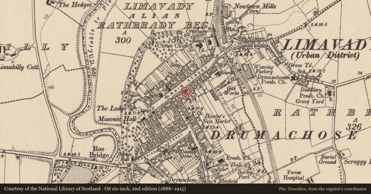 Ordnance Survey six-inch map, 2nd edition (1888–1915) covering the location of 53 Main Street, Newtown Limavady, Causeway Coast and Glens, with a pin at the register's coordinates