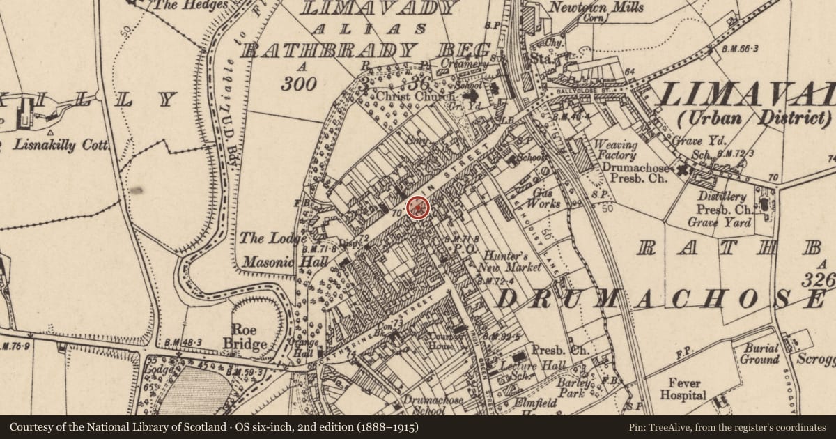 Ordnance Survey six-inch map, 2nd edition (1888–1915) covering the location of Mullan’s Pub, Newtown Limavady, Causeway Coast and Glens, with a pin at the register's coordinates