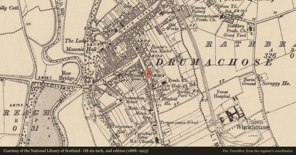 Ordnance Survey six-inch map, 2nd edition (1888–1915) covering the location of Gospel Hall, Newtown Limavady, Causeway Coast and Glens, with a pin at the register's coordinates