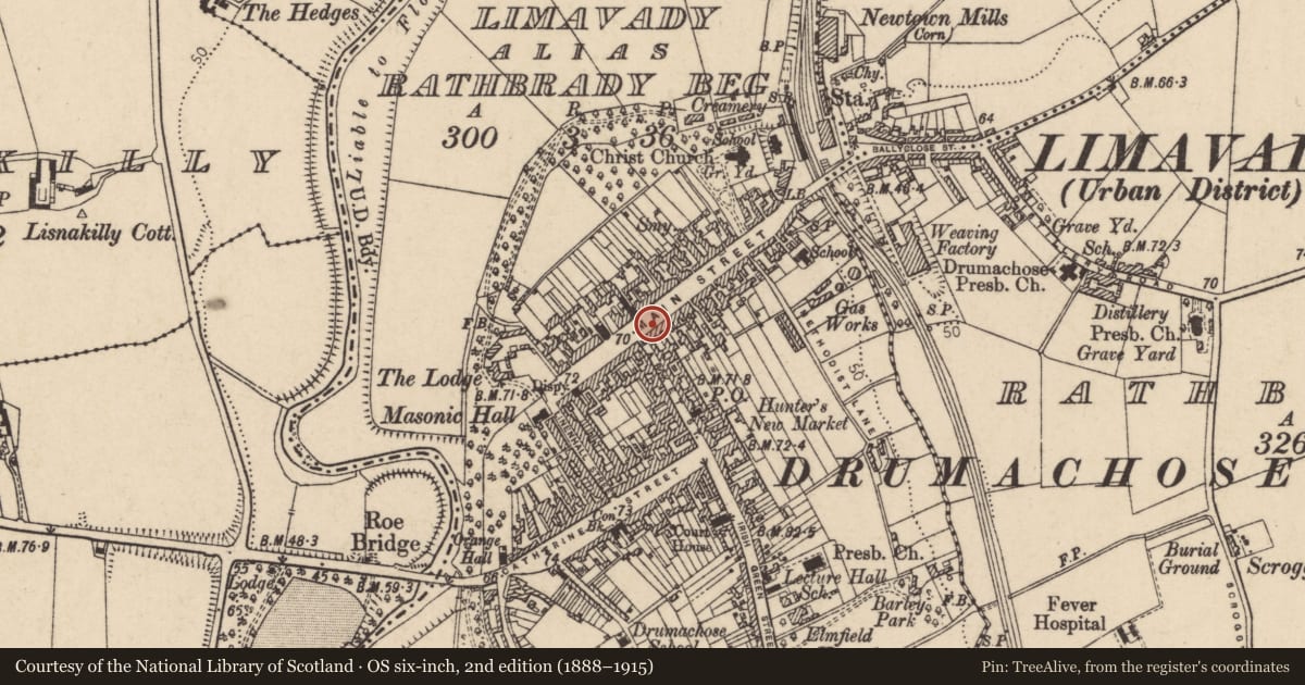 Ordnance Survey six-inch map, 2nd edition (1888–1915) covering the location of Samuel Stirling Fountain, Newtown Limavady, Causeway Coast and Glens, with a pin at the register's coordinates
