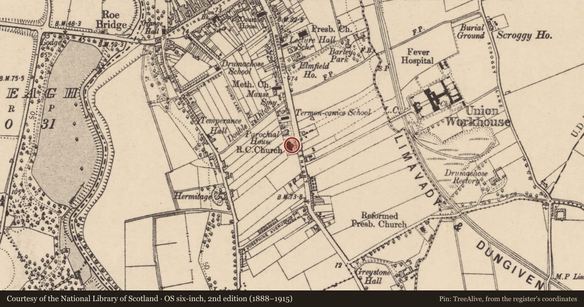 Ordnance Survey six-inch map, 2nd edition (1888–1915) covering the location of St Mary’s Church, Newtown Limavady, Causeway Coast and Glens, with a pin at the register's coordinates
